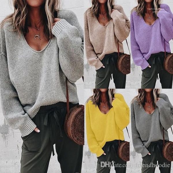 

sweater women's sweater warm women v-neck loose knitted sweatshirts long sleeve solid color, White;black