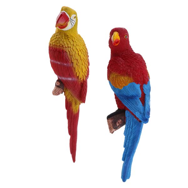

2x realistic large parrot lifelike bird ornament resin animal model statues diy lawn sculpture tree decor yellow & red head parrots
