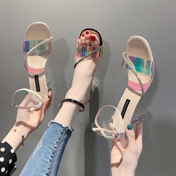 

новая мода весна джокер прозрачный алмаз каблуки рим высокие, Black