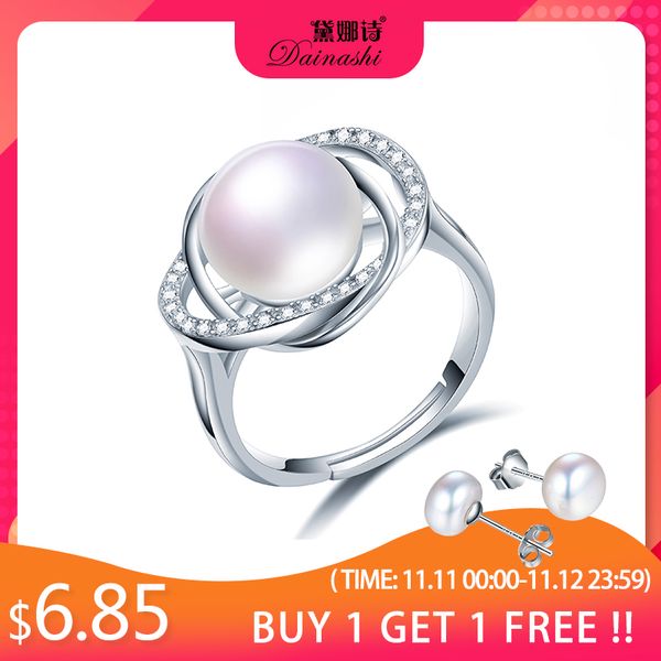 

dainashi fashion 925 sterling silver oval cross zircon ring elegant genuine freshwater cultured pearl adjustable ring for women, Golden;silver