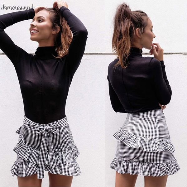 

пот юбка lovery женщины plaid stretch высокой талией skater flared рюшами юбка леди мода плиссированные юбки короткие мини-бич юбки, Black