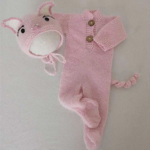

alpaca newborn outfit knitted pig footed romper baby sleeper pajamas new born angora hat set fluffy animal bonnet p props, White