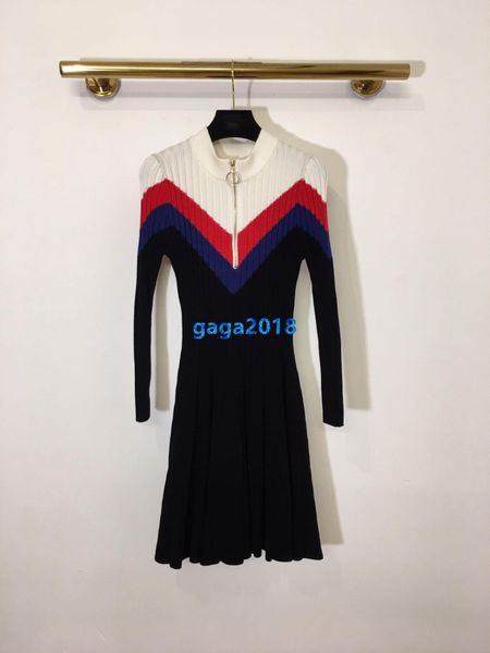 

high end женщины девушки вязать рубашку платье пэчворк полосатый узор смешать цвет круглый вырез с длинным рукавом a-line плиссированные юбк, Black