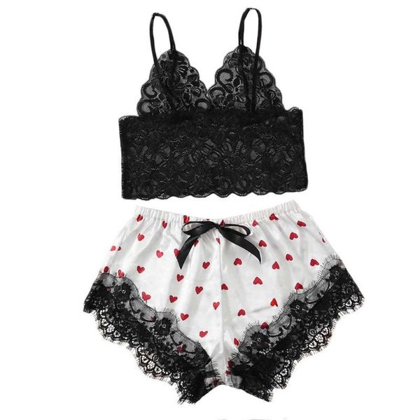 

women texture satin pyjamas lace silk lingerie love print camisole and bow shorts two piece set sleepwear pajamas #q, Black;red