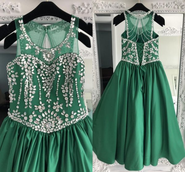 Abito da spettacolo in raso verde per adolescenti 2019 Abito lungo da spettacolo con strass gioiello Bling Bling per bambina con lacci sul retro Festa formale rosie