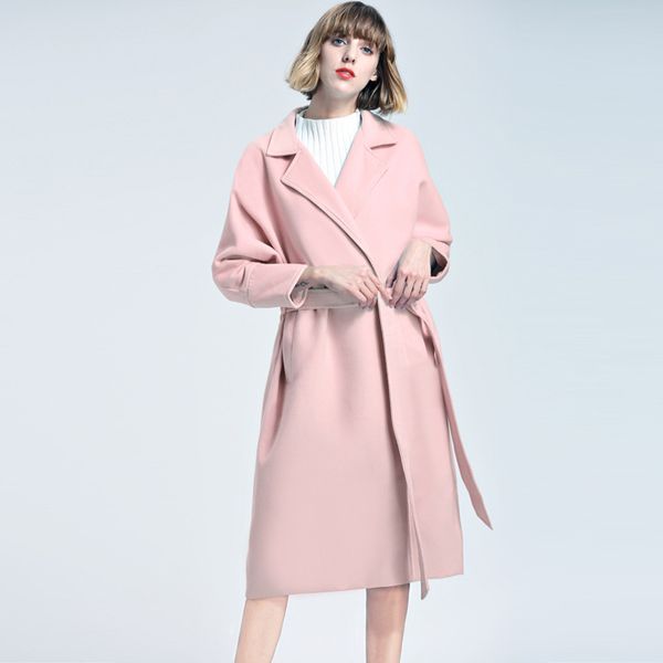 

autumn winter new long woolen coat women lapel tie elastic waist thicken ladies jacket large size fashion outerwear coats no903, Black