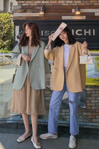 

szmall women long sleeve plus size blazer female korea style loose outwear lady autumn pockets streetwear clothes, White;black