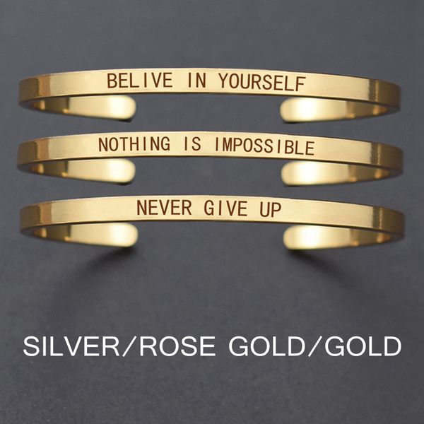 

churchill quote "never give up"motivational stainless steel engraved bracelets life quote jewelry graduation bangle gifts, White