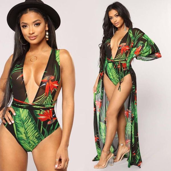 

high waist swimsuit swimwear + cover up 2 pieces bikini cover up set brazilian beachwear leaf printed cardigan biquini, Blue;gray