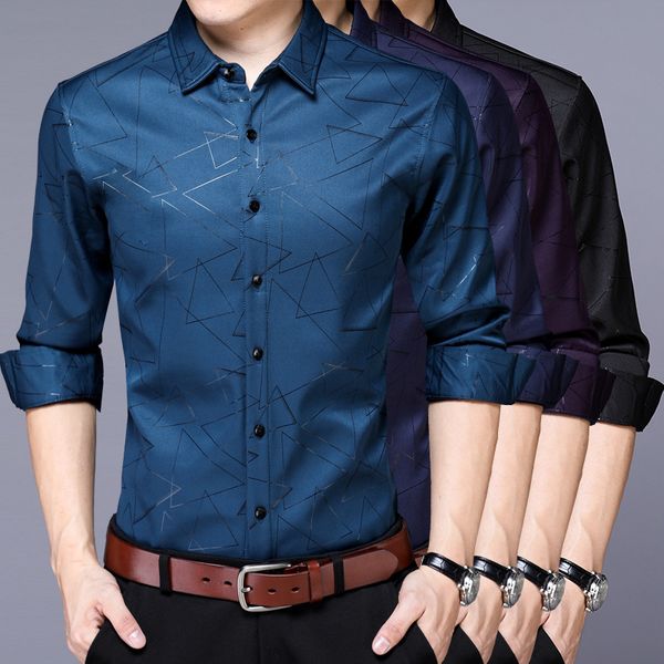 

spring 2020 new lapel long-sleeved shirt men's slim shirt texture youth business casual