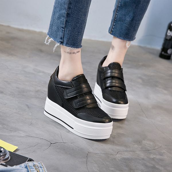 

fashion summer breathable ladies thick sole trainers wedges women mesh high platform shoes height increasing sneakers mc-11, Black