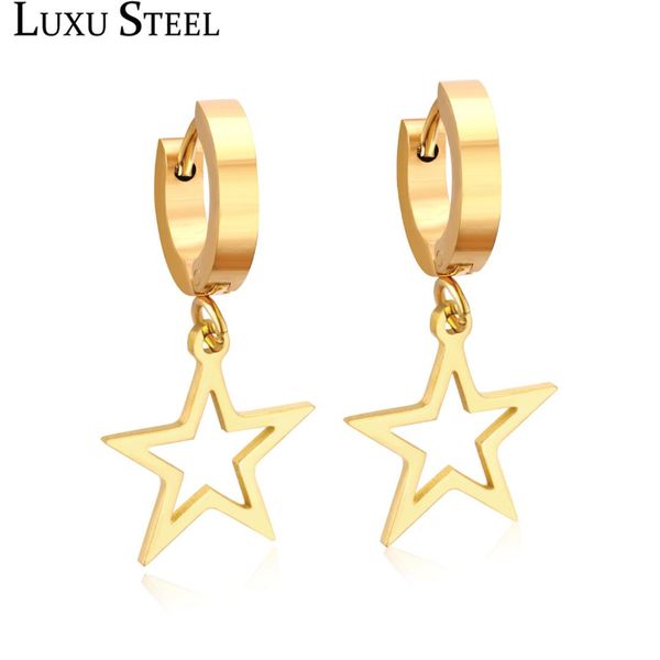 

luxusteel gold/silver color star pendants round hoop earrings stainless steel anti-allergy earring fashion jewelry gift collier, Golden;silver