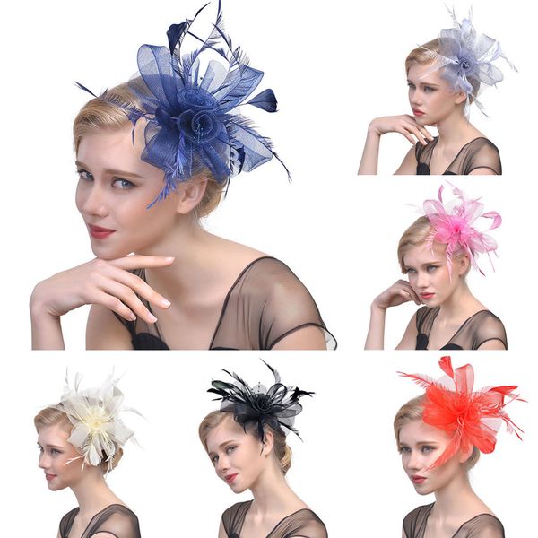 

2019 new style fashion elegant women feather solid flower veil hat casual beautiful party, Blue;gray