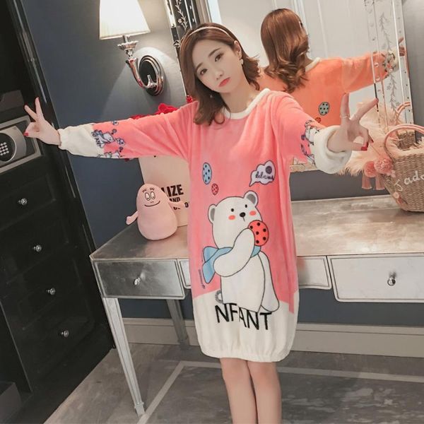 

2018 winter thick warm flannel nightgowns for women long sleeve coral velvet night dress girls cute cartoon sleepwear nightdress, Black;red