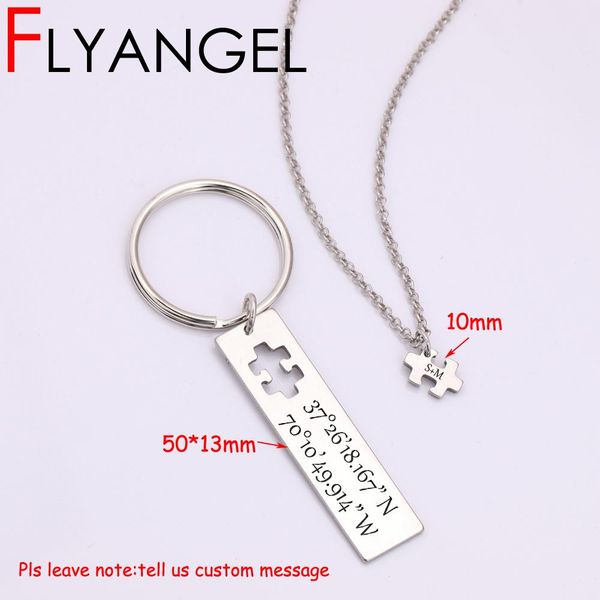 

flyangel fashion jewelry 1 set custom engraved coordinate and name initial puzzle necklace keychain graduation present thggi, Silver