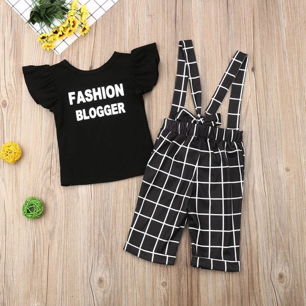 

summer baby newborn girl flare sleeve letters t-shirt +plaid strap pants shorts children kids casual sets, White