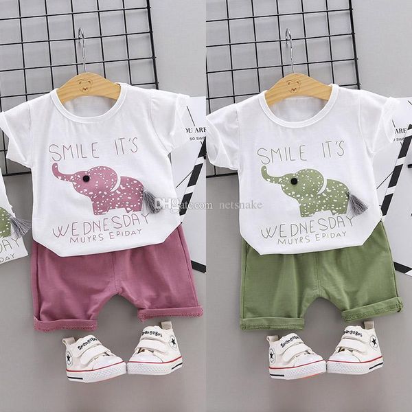 

2019 тенденция стиль лето хлопок круглый воротник слон шаблон с коротким рукавом и шорты две части для мальчиков и девочек, White