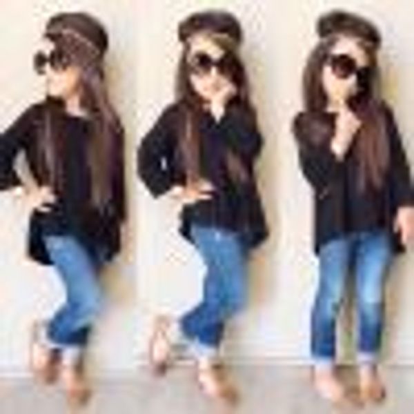 

Kids Baby Girl Loose Black Tops T Shirt+Denim Pants Jeans 2PCS Clothes Outfits Set Long Sleeve Children Autumn Clothing