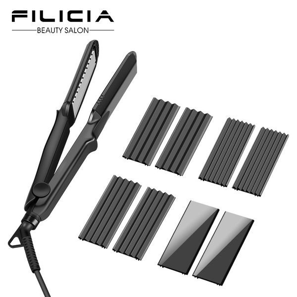

flat iron corrugation curling iron negative ions 4 in 1 hair curler hair straightener with 4 interchangeable plates ceramic, Black