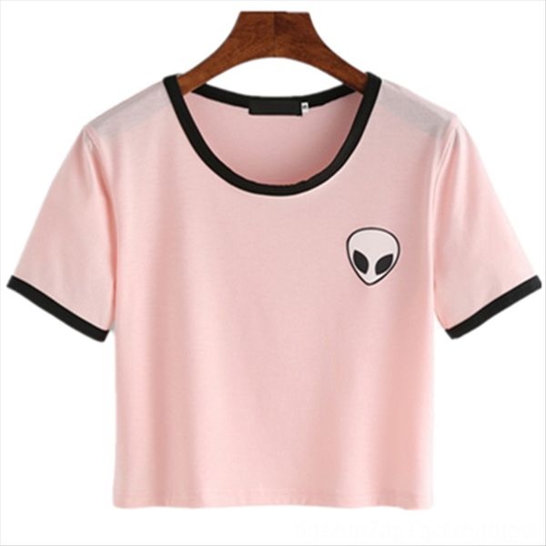 

summer round collar striped gray multicolor alien printed t-shirt short sleeve t-shirt female 1691, White
