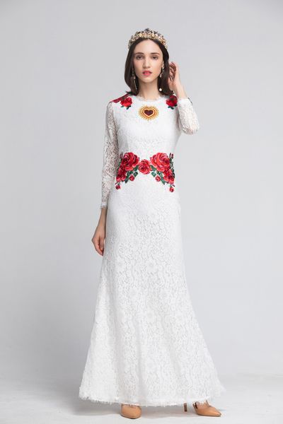 

new collection 2019 women's o neck long sleeves embroidery lace elegant floor length maxi party wear runway dresses, Black