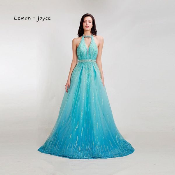 

lemon joyce light blue formal evening dress 2019 high neck sleeveless beading backless party gowns plus size, White;black
