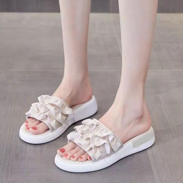 

2020 fashion slippers ruffles leather women platform sandals open toe casual slides summer outdoor beach female flip flops, Black