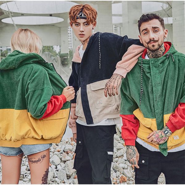 

2019 autumn color block patchwork corduroy hooded jackets men hip hop hoodies coats male casual streetwear outerwear, Black;brown