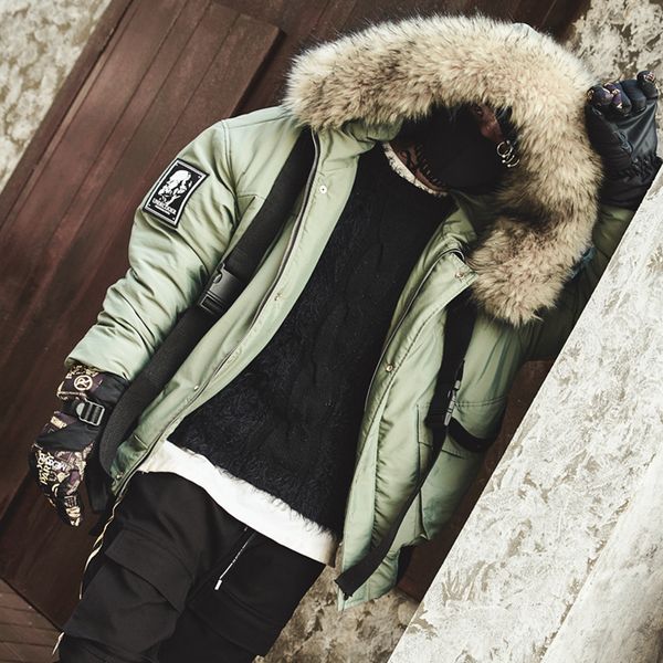 

men winter warm thick fur collar ribbon hooded parkas jacket male streetwear hip hop cotton padded coat fashion overcoat, Tan;black