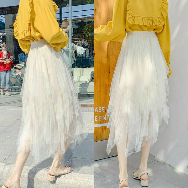 

women's fashion high waist long mesh skirt a-shaped party irregular hem tulle mesh skirt spring summer ruffles skirts, Black
