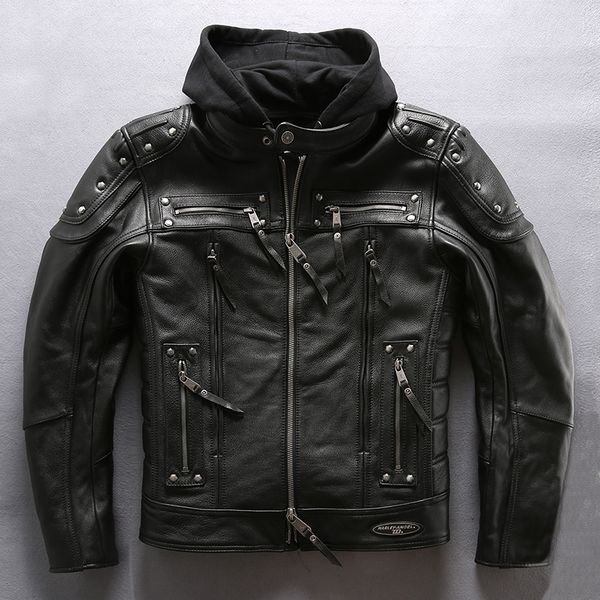 

hooded men's brand motorcycle rivet moto biker genuine jacket men two-piece set winter leather coat male, Black