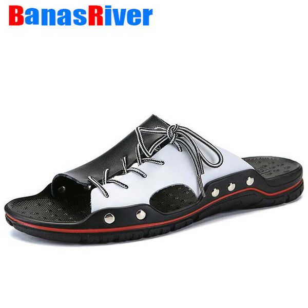 

2020 breathable slip on boat leather men slippers beach shoes comfortable summer flats heels male slides luxury plus size 38-48, Black
