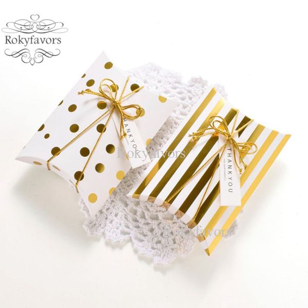 50 Stück goldene gepunktete Kissen-Süßigkeitsschachteln, Hochzeitsgeschenke, süße Halter, Geschenkbox, Jahrestag, Veranstaltung, Geburtstag, Paketideen mit Schnur und Anhänger