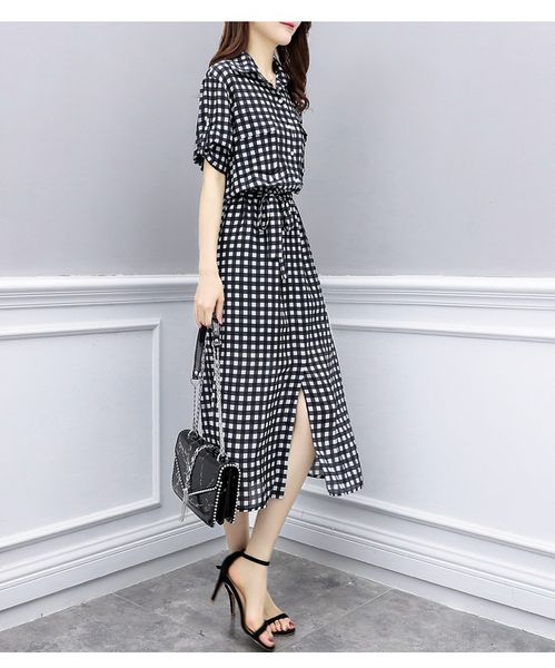 

women's korean dress slim plaid printing long fake, Black;gray
