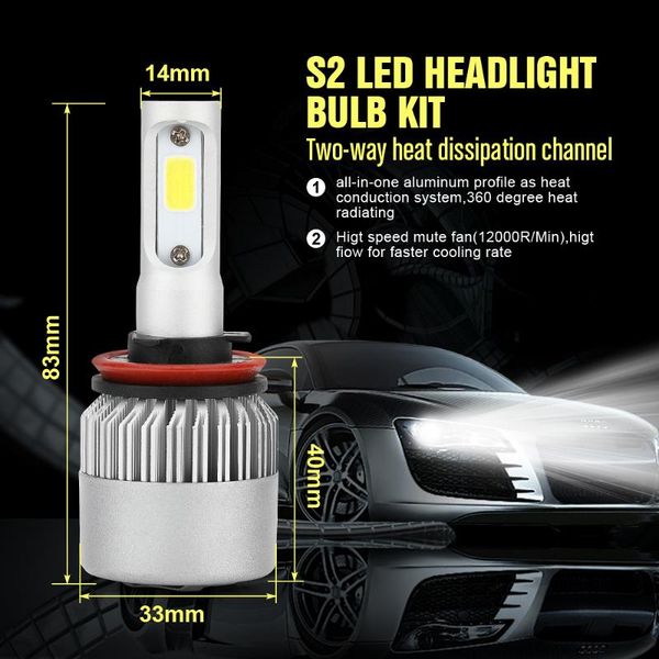

ecahayaku s2 водить фара h1 h3 h4 h7 h11 3 9006 9007 h27 cob led 72w 7600lm за пару fog light 6500k фар автомобиля луковицы