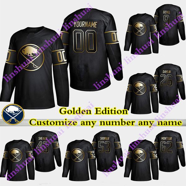 

golden edition buffalo sabres jerseys 9 jack eichel 26 rasmus dahlin 53 jeff skinner 23 reinhart customize any number any name hockey jersey, Black;red