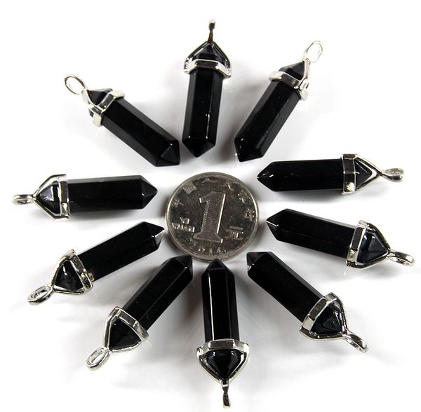 

natural black obsidian charms gems stones crystal pointed reiki chakra necklaces earrings pendant beads jewelry making 10pcs/lot, Silver