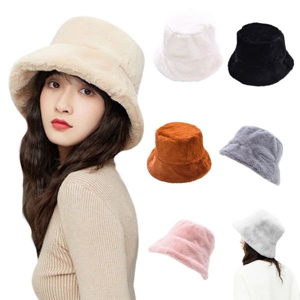 

fashion women winter thicken fluffy plush fisherman cap lady casual solid color wide brim sun hat female outdoor hat 7 styles, Blue;gray