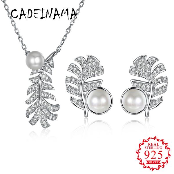 

cadeinama fashion real 925 sterling silver pendant necklace stud earrings set leaf pearl crystal girl women fine jewelry party, Black