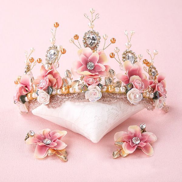

sweet pink bride handmade beaded lace tiara corone crown tocados para novias ceramic flower hair headdress, White;golden