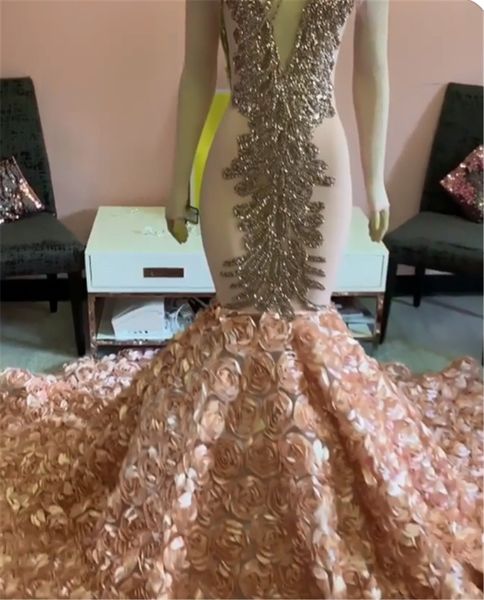

2020 blush pink mermaid prom dresses luxury long sleeves crystal beaded evening gown deep v neck 3d flowers formal party dress, Black