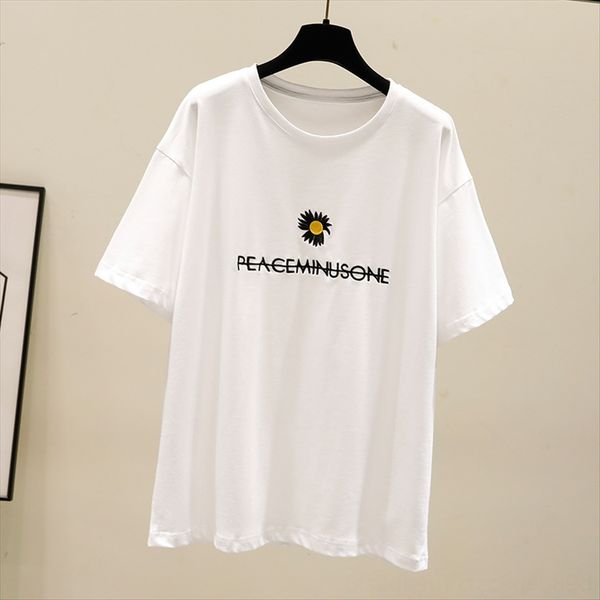 

white t-shirt women's 2020 summer european short-sleeved t-shirt women's solid color daisy embroidery base hong kong style top