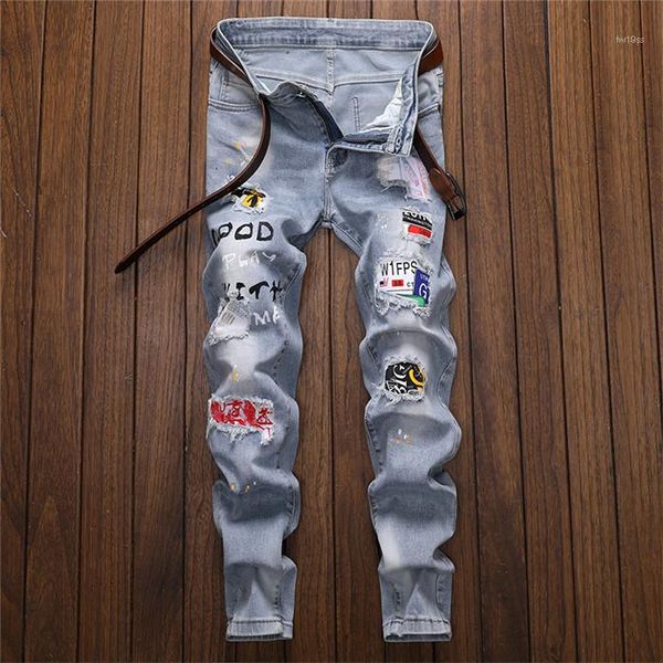 

hole patch jeans spring designer mens letter print embroidery pencil pants males casual street style trousers teenagers light washed, Blue