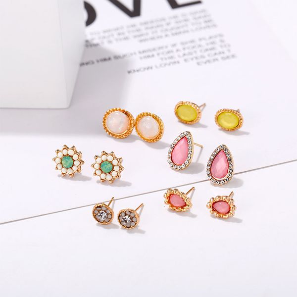 

6 pairs/set sweet romantic colorful flower stone stud earrings set for women fashion cubic zirconia round earring, Golden;silver