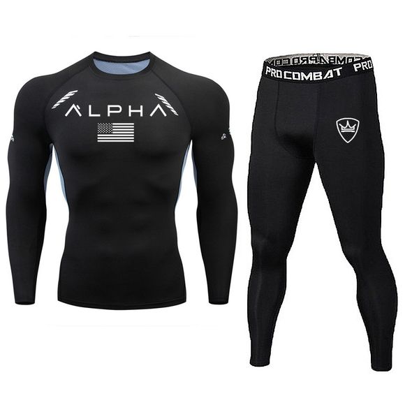 

men's sport suits men compression running set t-shirt + pants sports suits soccer jersey gym jogging tee leggings tracksuit, Black;blue
