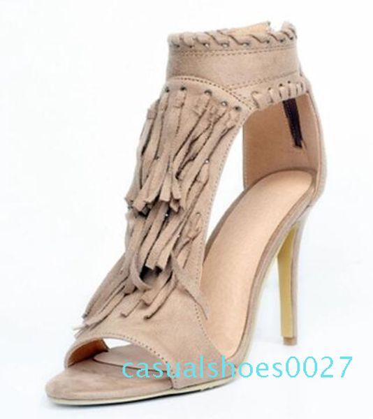 

summer ladies fringe pedant covered sandal bottines stiletto high heels tassel ankle boots peep toe zip dress booties shoes c27, Black