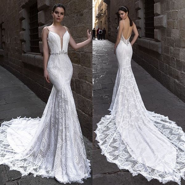 

modest lace mermaid wedding dresses 2019 spaghetti straps applique beach wedding dress backless plus size bridal gowns custom made, White