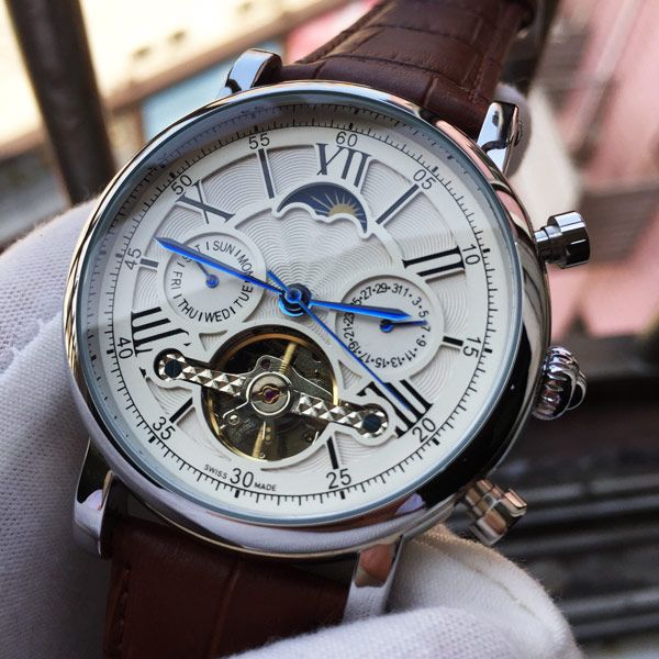 

Tourbillon MoonPhases Часы Top Brand Мужские часы Классический коричневый кожаный Часы механич