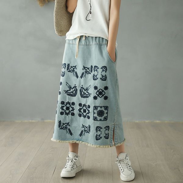

2020 new cotton denim long mid-calf skirts for women embroidery spring elastic waist a-line pockets skirts slit, Black