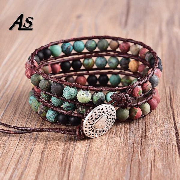 

asingeloo natural matte stone 6mm beads leather bracelets 3 wraps boho handmade vintage jewelry bracelet for women gift, Golden;silver